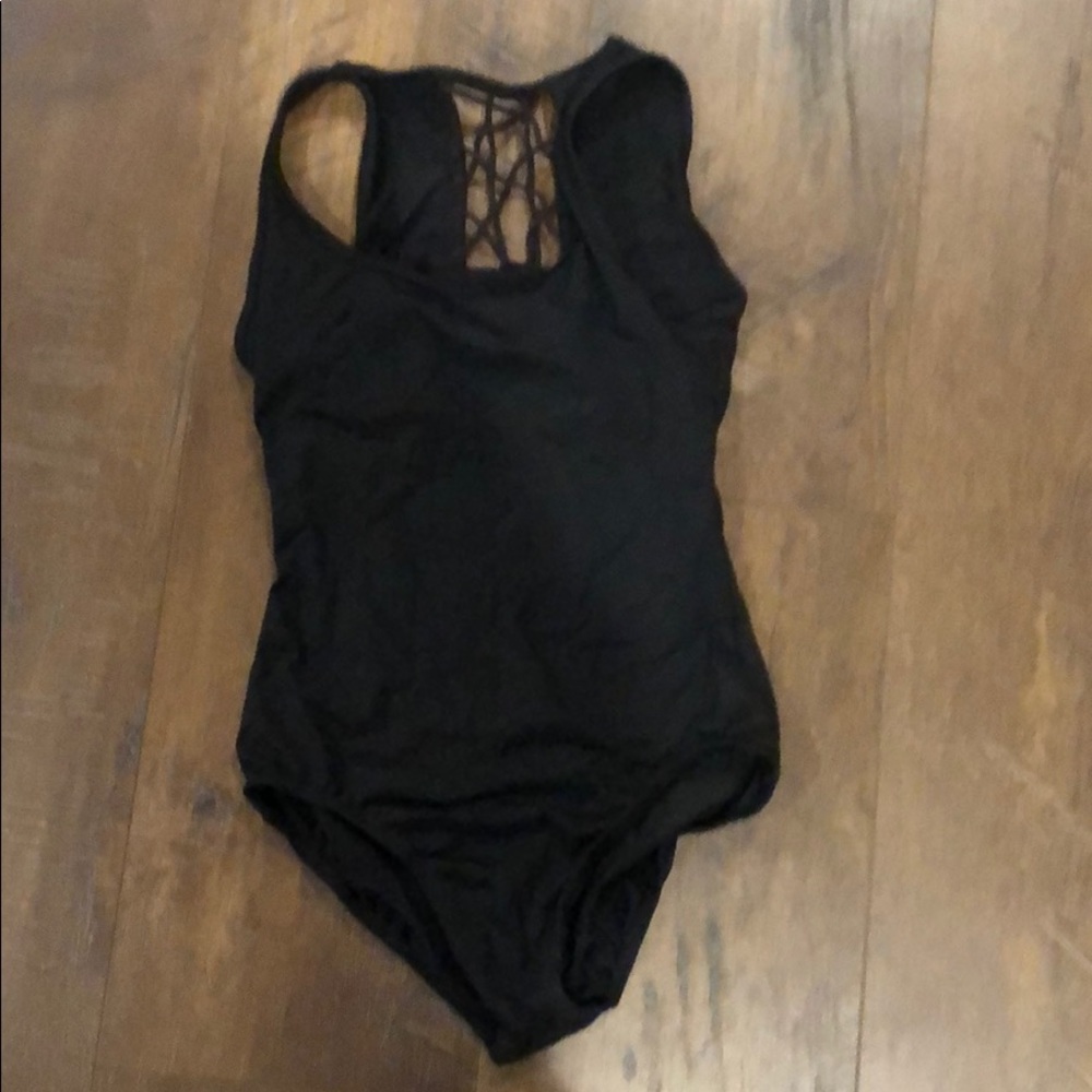 Mirella black tank leotard with lattice back